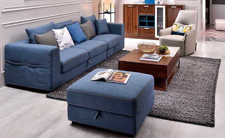 Living Romm Blue Fabric Sectional Sofa