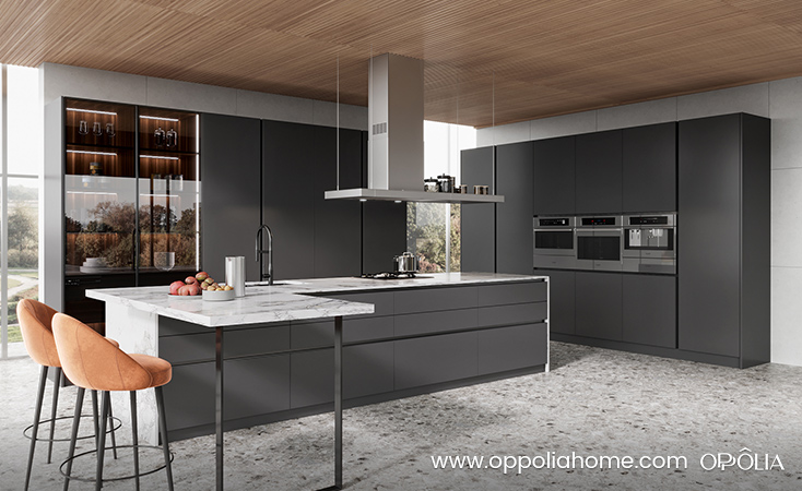 Medium Grey Lacquer Modern Kitchen Cabinets
