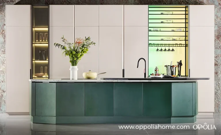 Stindee Series Contemporary White Kitchen Design with Green Island