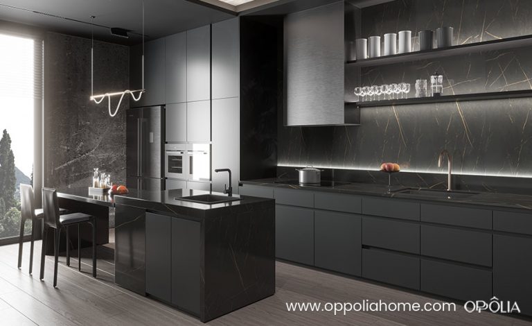 Dark Grey Cabinets with Black Worktop