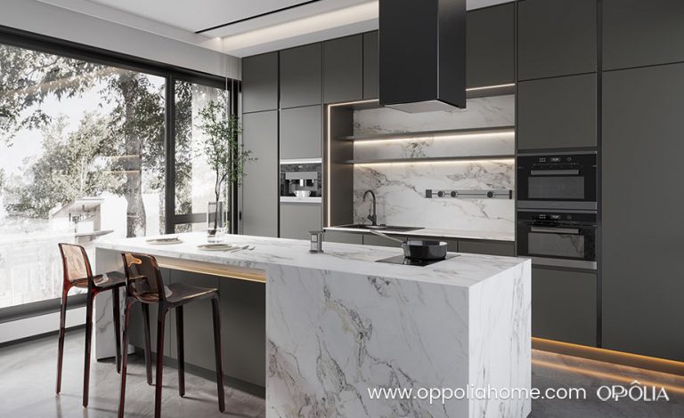 Charcoal Grey Kitchen Cabinets with White Island