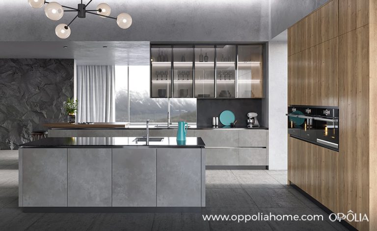 Industrial Kitchen Design with Grey Stone Effect Doors
