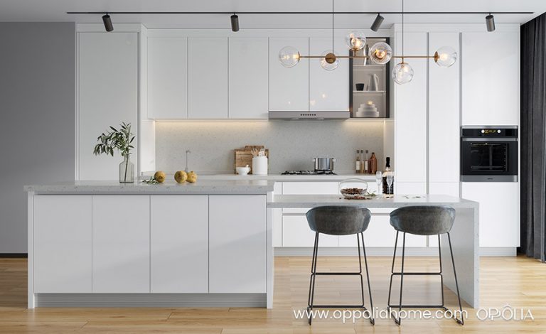 Minimalist Shiny White Kitchen Cabinets with Island