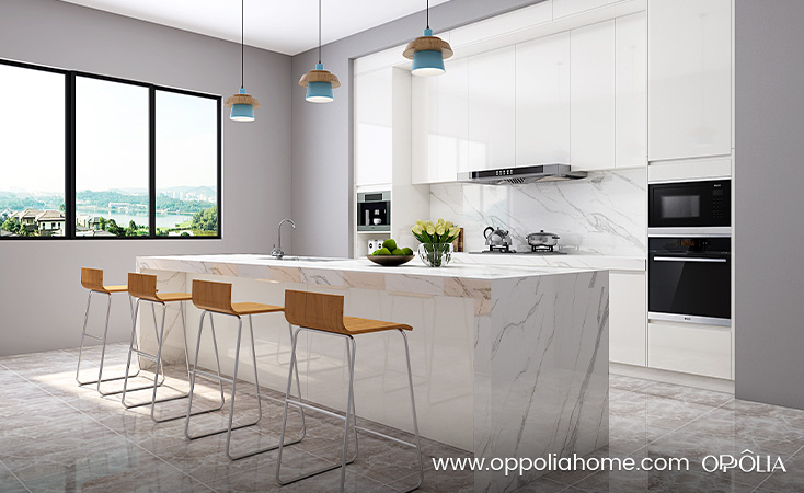 Modern Waterfall Kitchen Island with Quartz Countertop