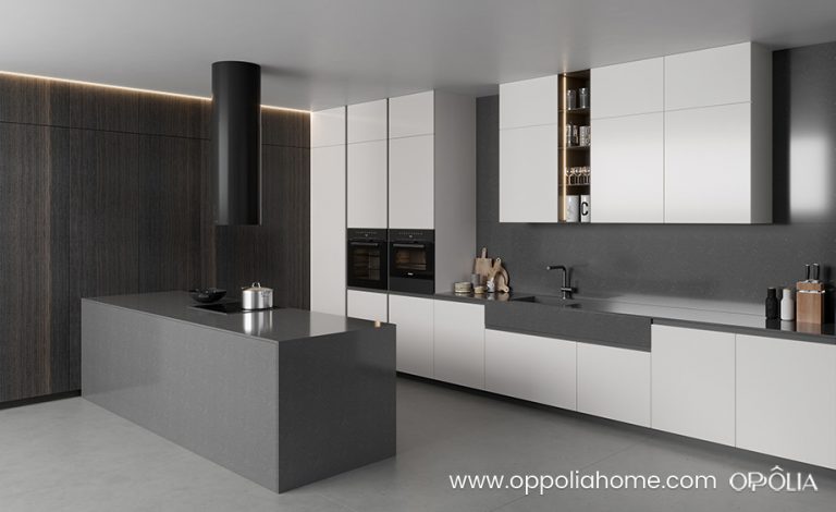 Painted White Kitchen with Grey Island