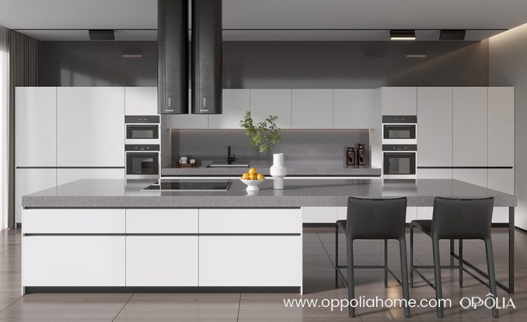 White Cabinets Grey Countertops Large Kitchen