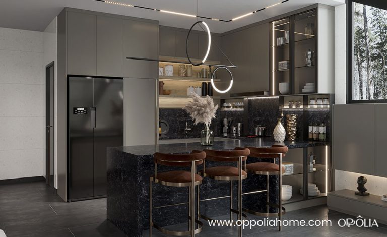 Dovetail Gray Cabinets Peninsula Kitchen