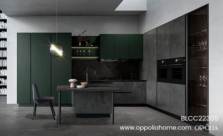 Modern F-shaped Kitchen Cabinets in Grey and Green