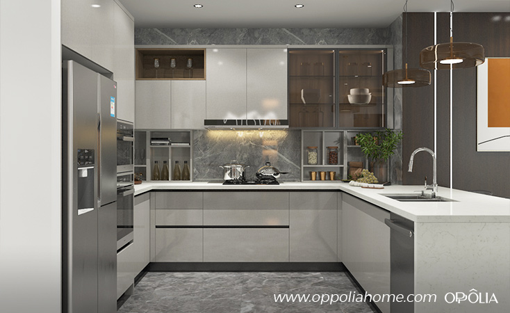 Light Grey U Shaped Kitchen with Peninsula